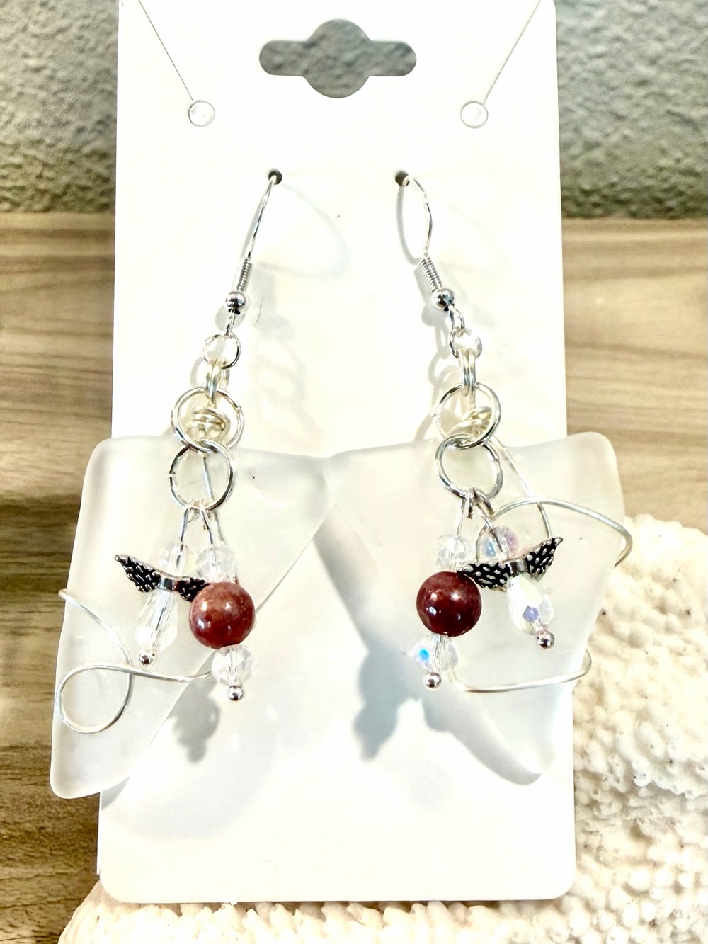 111. Sea Glass Drop Earrings with sunstone beads and angel charms